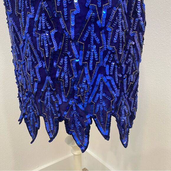 Vintage 80s Blue Silk Sequin Dress Beaded Geo Mini Party Cocktail Sz Medium - Picture 6 of 10
